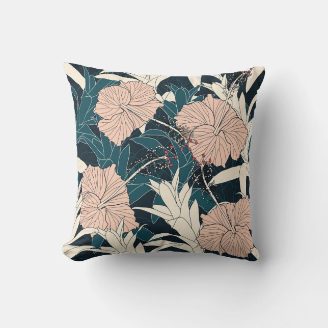 Tropical pink hibiscus, dark background cushion (Front)