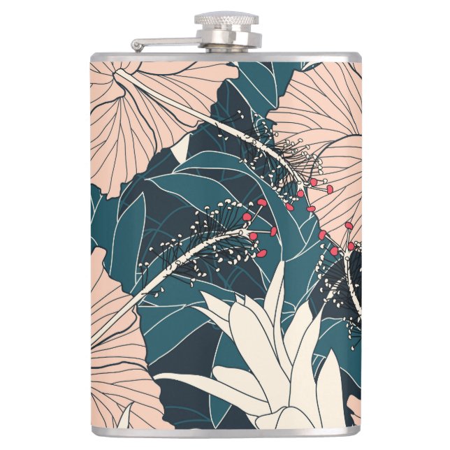 Tropical pink hibiscus, dark background hip flask (Front)