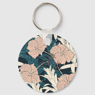 Tropical pink hibiscus, dark background key ring