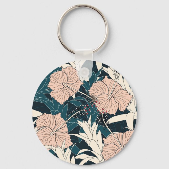 Tropical pink hibiscus, dark background key ring (Front)