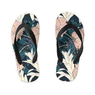 Tropical pink hibiscus, dark background kid's flip flops