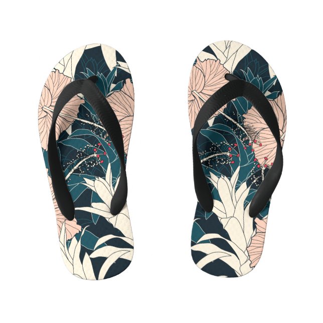 Tropical pink hibiscus, dark background kid's flip flops (Footbed)