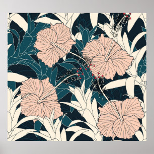 Tropical pink hibiscus, dark background poster
