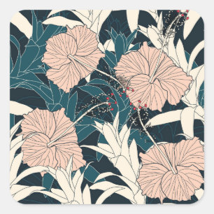 Tropical pink hibiscus, dark background square sticker