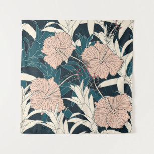 Tropical pink hibiscus, dark background tapestry