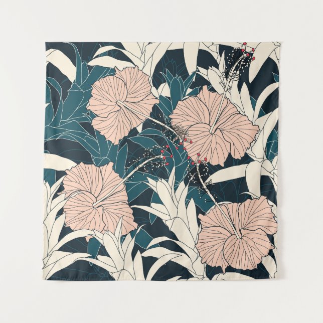 Tropical pink hibiscus, dark background tapestry (Front)