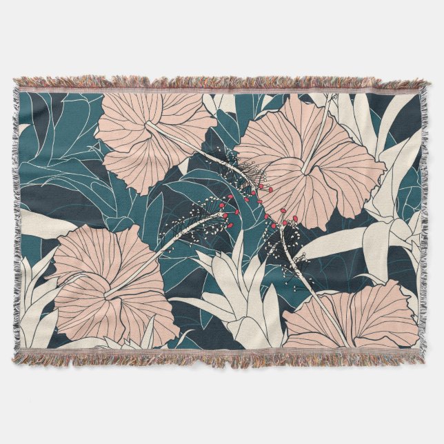 Tropical pink hibiscus, dark background throw blanket (Front)