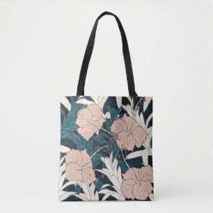 Tropical pink hibiscus, dark background tote bag