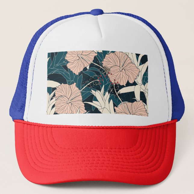 Tropical pink hibiscus, dark background trucker hat (Front)