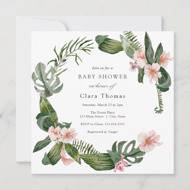 Tropical Pink Hibiscus Floral Baby Shower Invitation (Front)