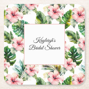 Tropical Pink Hibiscus Floral Bridal Shower   Square Paper Coaster