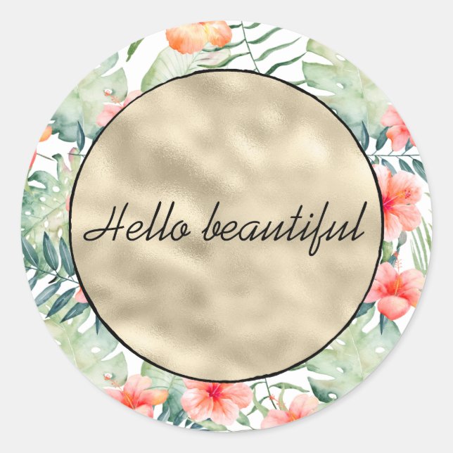 Tropical Pink Hibiscus Floral Gold   Classic Round Sticker (Front)