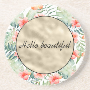 Tropical Pink Hibiscus Floral Gold     Coaster