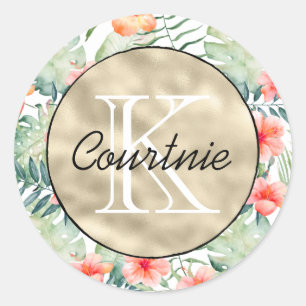 Tropical Pink Hibiscus Floral Gold Monogram        Classic Round Sticker