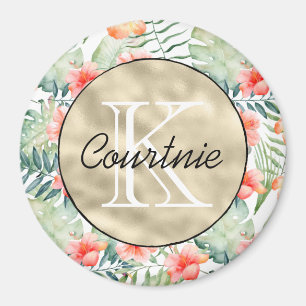 Tropical Pink Hibiscus Floral Gold Monogram      Magnet