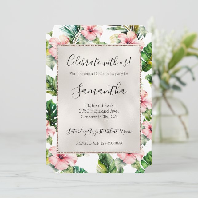 Tropical Pink Hibiscus Floral Invitation (Standing Front)