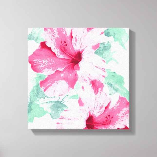 Tropical Pink Hibiscus Floral Pinks & Mint Green Canvas Print (Front)