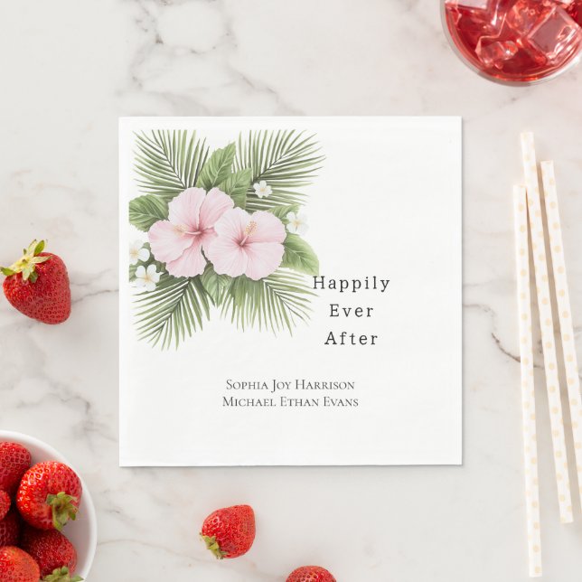 Tropical Pink Hibiscus Floral Wedding Napkin (Insitu)