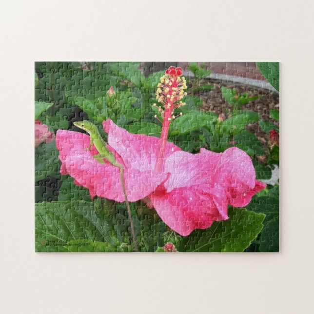 Tropical Pink Hibiscus Flower Anole Lizard Photo Jigsaw Puzzle (Horizontal)