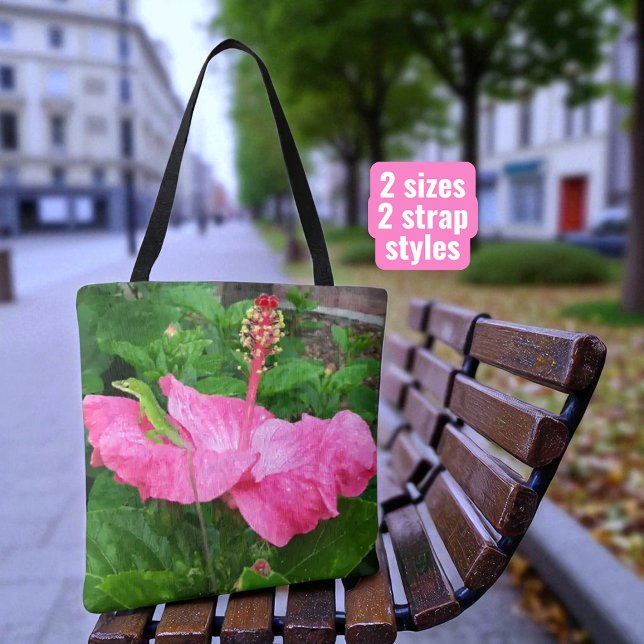 Tropical Pink Hibiscus Flower Anole Lizard Photo Tote Bag (same floral photograph on both sides of tote)