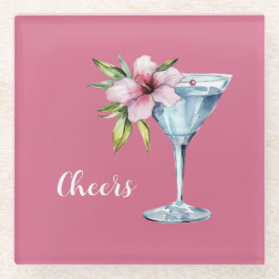 Tropical Pink Hibiscus Flower Drink Glass Coaster