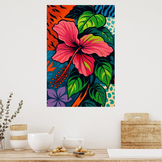 Tropical Pink Hibiscus Flower Pop Art Poster (Kitchen)
