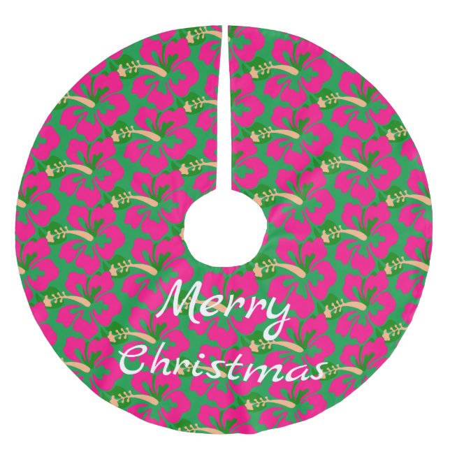 Tropical Pink Hibiscus Flower Thunder_Cove Brushed Polyester Tree Skirt (Front)