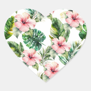 Tropical Pink Hibiscus Flowers Heart Sticker