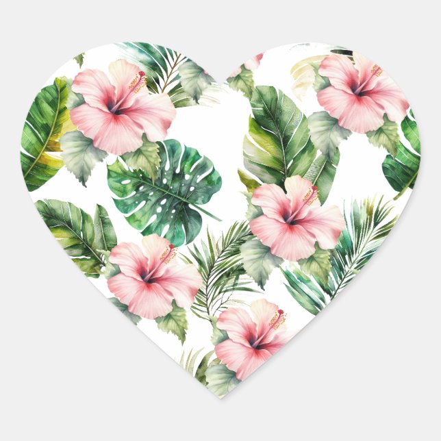 Tropical Pink Hibiscus Flowers Heart Sticker (Front)