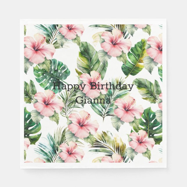 Tropical Pink Hibiscus Flowers Napkin (Front)