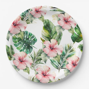 Tropical Pink Hibiscus Flowers Paper Plate