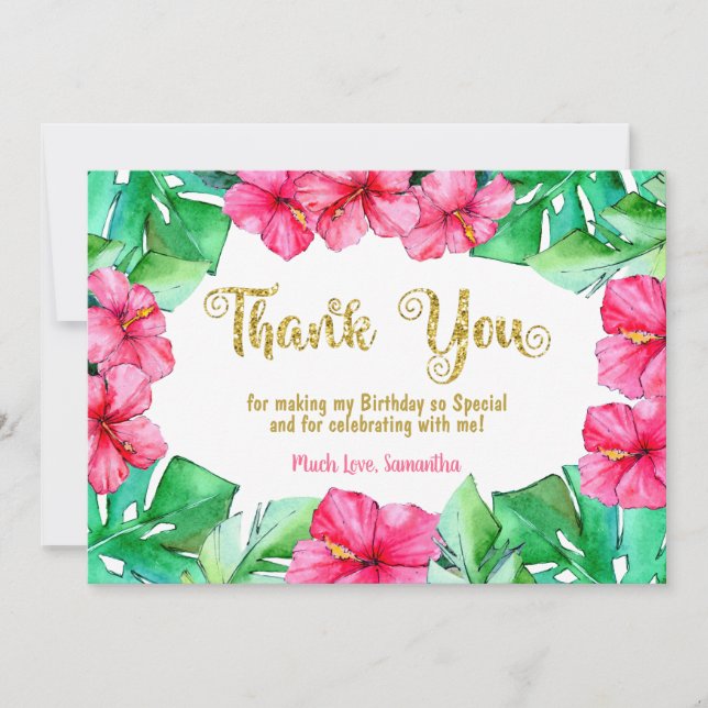 Tropical Pink Hibiscus Glitter Birthday Thank You  Card (Front)