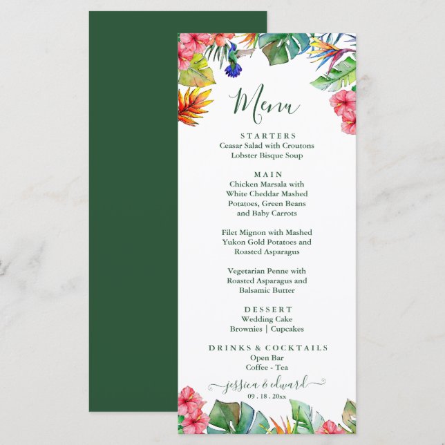 Tropical Pink Hibiscus Hawaiian Wedding    Menu (Front/Back)