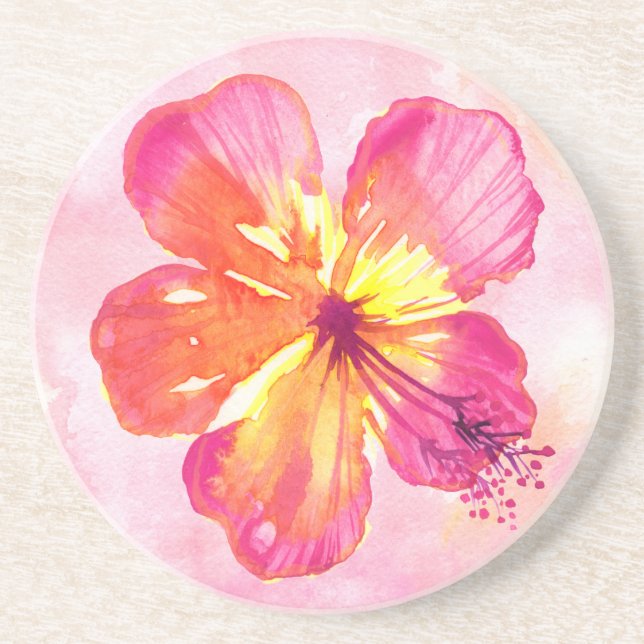 Tropical Pink Hibiscus on Abstract Watercolor Coaster (Front)