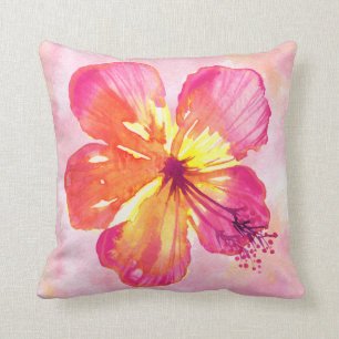 Tropical Pink Hibiscus on Abstract Watercolor Cushion