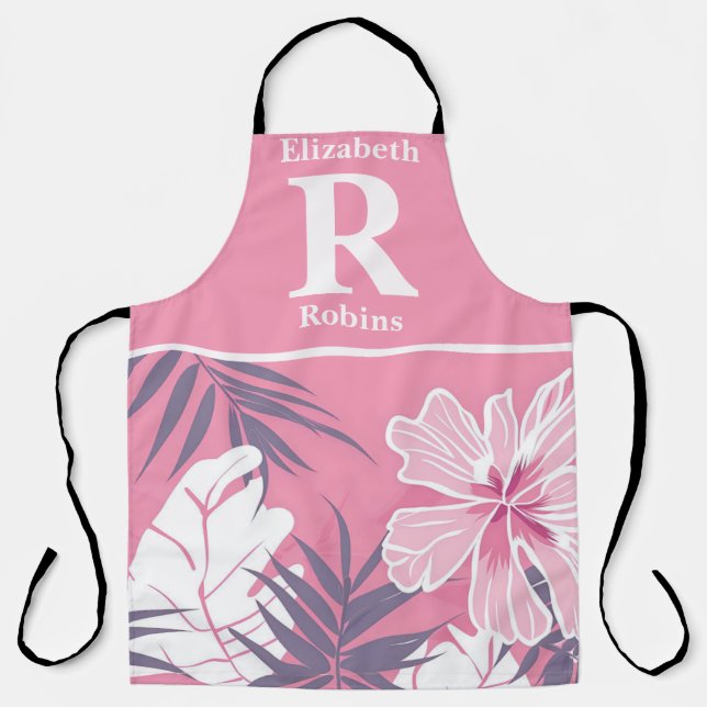 Tropical pink hibiscus personalised apron (Front)