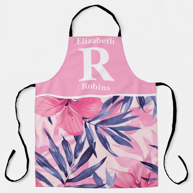 Tropical pink hibiscus personalised  apron (Front)