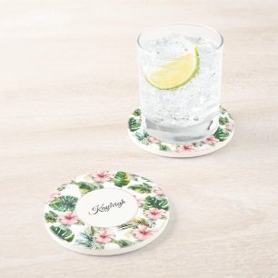 Tropical Pink Hibiscus Personalised Coaster