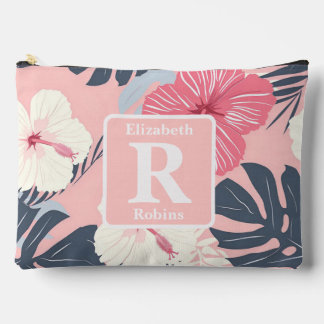 Tropical pink hibiscus personalised Monogram  Accessory Pouch