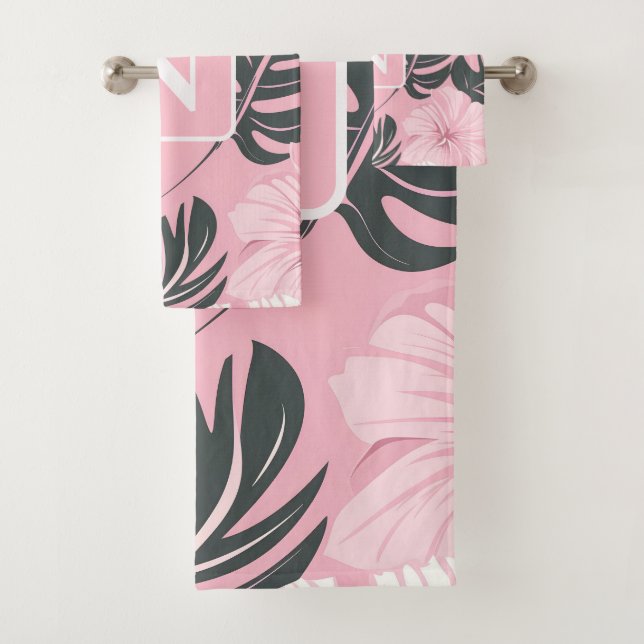 Tropical pink Hibiscus personalised Monogram Bath Towel Set (Insitu)