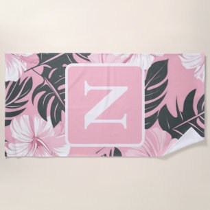 Tropical pink Hibiscus personalised Monogram Beach Towel