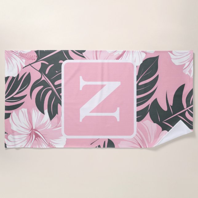 Tropical pink Hibiscus personalised Monogram Beach Towel (Front)