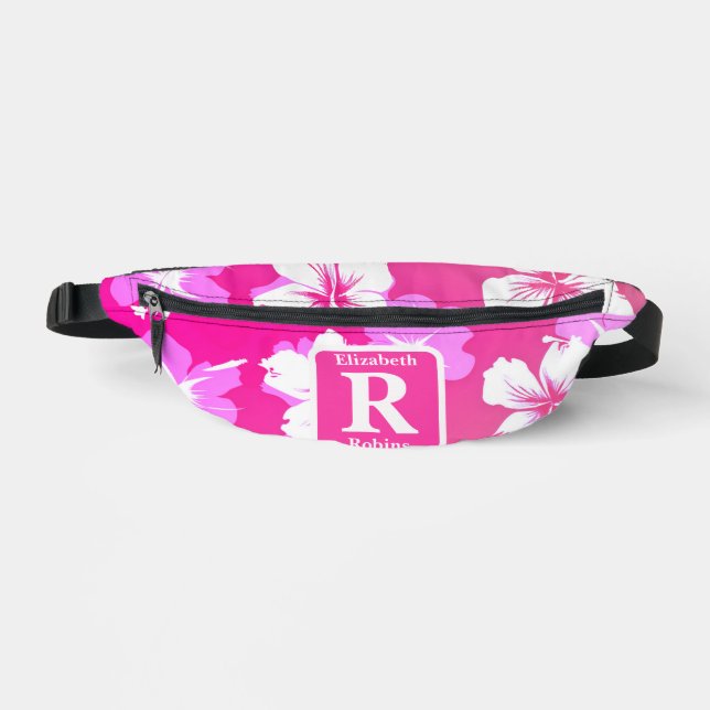 Tropical pink hibiscus personalised Monogram  Bum Bags (Front)