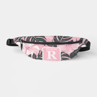 Tropical pink hibiscus personalised Monogram  Bum Bags