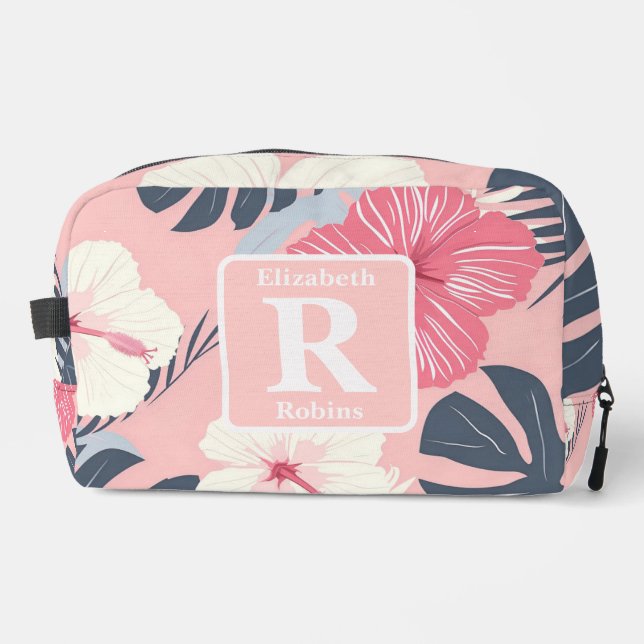 Tropical pink hibiscus personalised Monogram  Dopp Kit (Front)