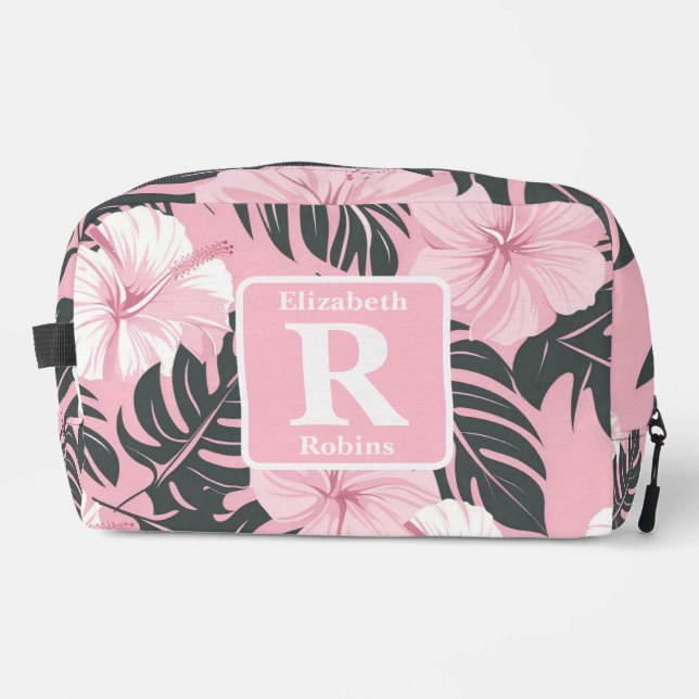 Tropical pink hibiscus personalised Monogram  Dopp Kit (Front)