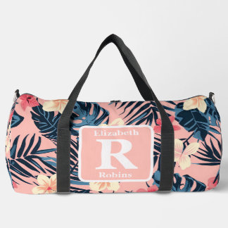 Tropical pink hibiscus personalised Monogram  Duffle Bag