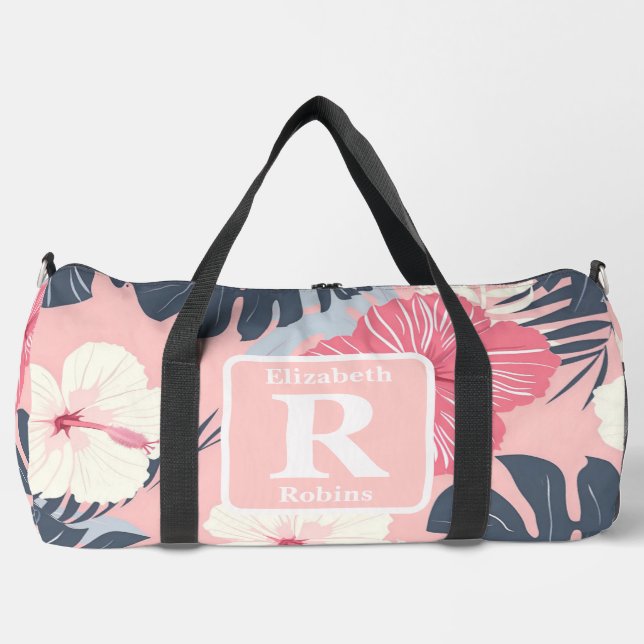 Tropical pink hibiscus personalised Monogram  Duffle Bag (Front)