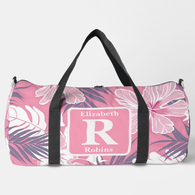 Tropical pink hibiscus personalised Monogram  Duffle Bag (Front)