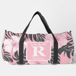 Tropical pink hibiscus personalised Monogram Duffle Bag